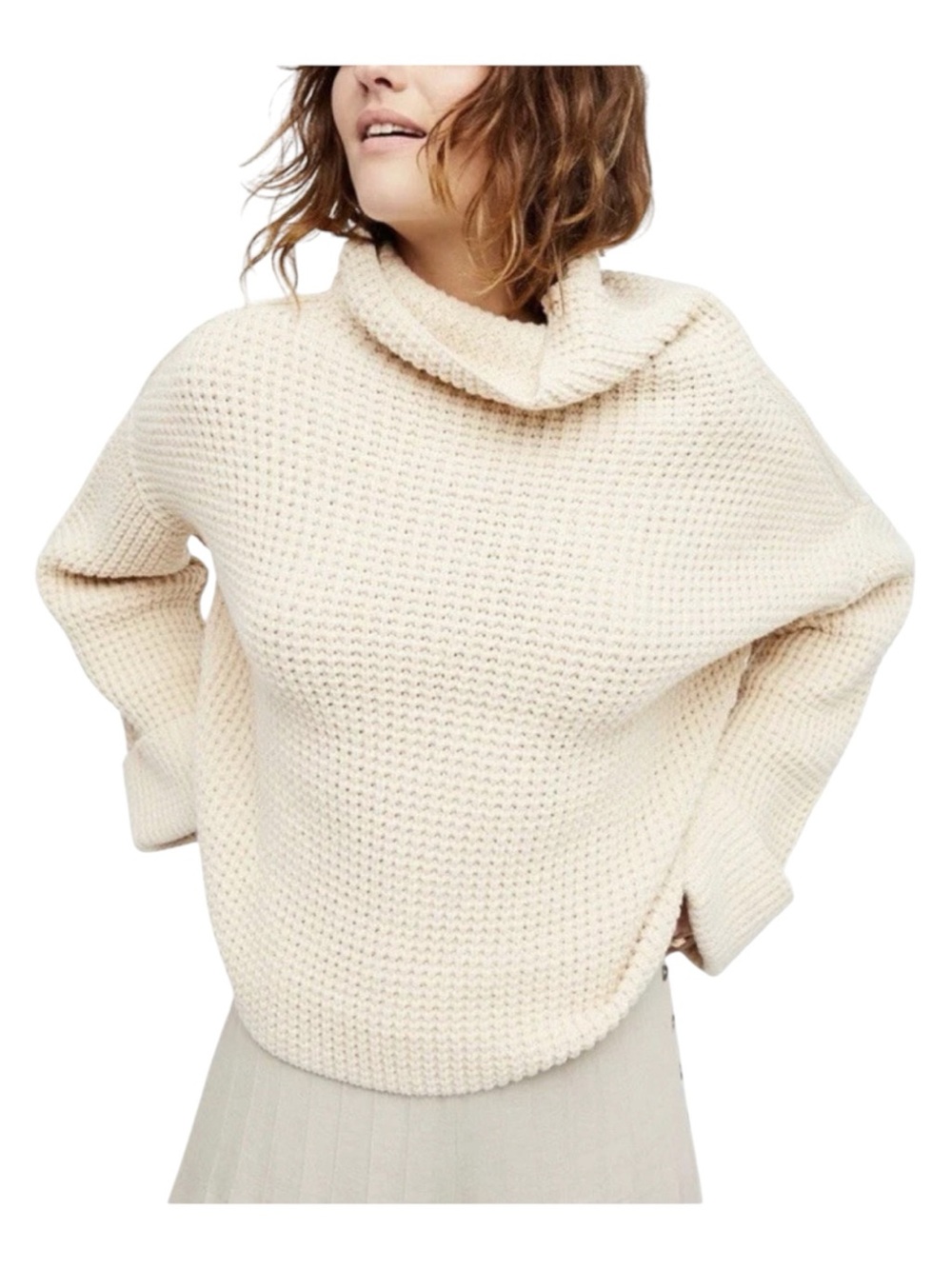 Free People Park City Tan waffle Knit Funnel Neck Sweater Sz M